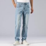 men Baggy Slim Fit Stretch Work Jeans - Straight Loose Blue Elastic