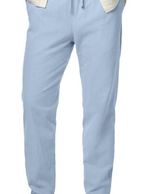 Mens Cotton Pants Casual Elastic Waist Drawstring Lightweight Summer Beach Trousers with Pockets