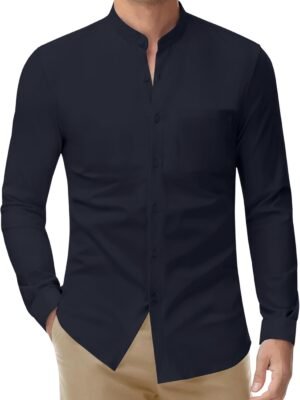 Band Collar Dress Shirts for Men Stretch Dress Shirts Collarless Button Down Long Sleeve Shirts Muscle Fit