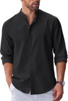 Men's Long Sleeve Oxford Dress Shirts Chambray Button Down Shirt Casual Band Collar Shirts