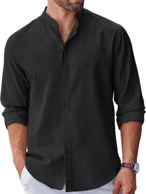 Men's Long Sleeve Oxford Dress Shirts Chambray Button Down Shirt Casual Band Collar Shirts