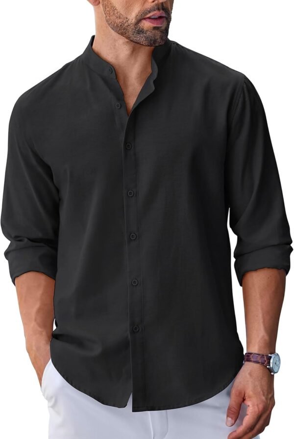 Men's Long Sleeve Oxford Dress Shirts Chambray Button Down Shirt Casual Band Collar Shirts