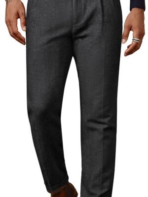 Men Vintage Tweed Pants Herringbone Pleated Suit Trousers