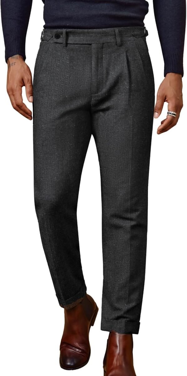 Men Vintage Tweed Pants Herringbone Pleated Suit Trousers