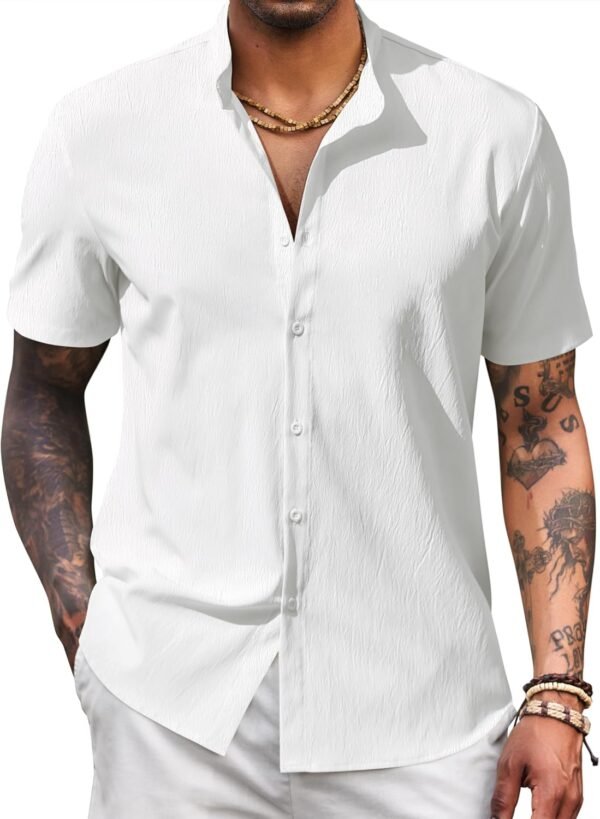 Men's Casual Button Down Short Sleeve Shirt Band Collar Shirts Textured Beach Summer Shirt