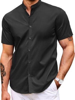 Muscle Fit Dress Shirts for Men Banded Collar Casual Button Down Shirts