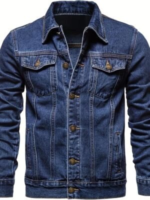 Men's Denim Jacket Vintage-Inspired Jean Jacket with Multiple Pockets - Cotton Blend, Machine Washable