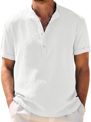 Men's Casual Henley Shirt Band Collar Short Sleeve Shirt Summer Beach Hippie Shirt