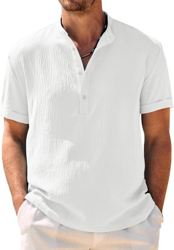 Men's Casual Henley Shirt Band Collar Short Sleeve Shirt Summer Beach Hippie Shirt