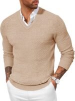 Mens V Neck Pullover Sweater Waffle Knit Casual Textured Pullover Long Sleeve Slim Fit Fall Sweaters