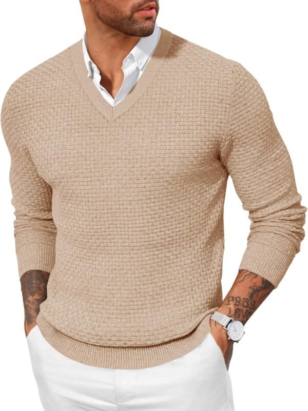 Mens V Neck Pullover Sweater Waffle Knit Casual Textured Pullover Long Sleeve Slim Fit Fall Sweaters