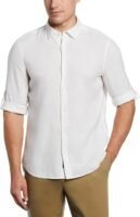 Men's Untucked Slim Fit Linen-Blend Rolled-Sleeve Shirt with Stand Collar and Striped Detail