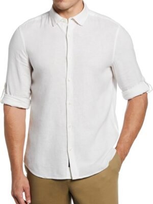 Men's Untucked Slim Fit Linen-Blend Rolled-Sleeve Shirt with Stand Collar and Striped Detail