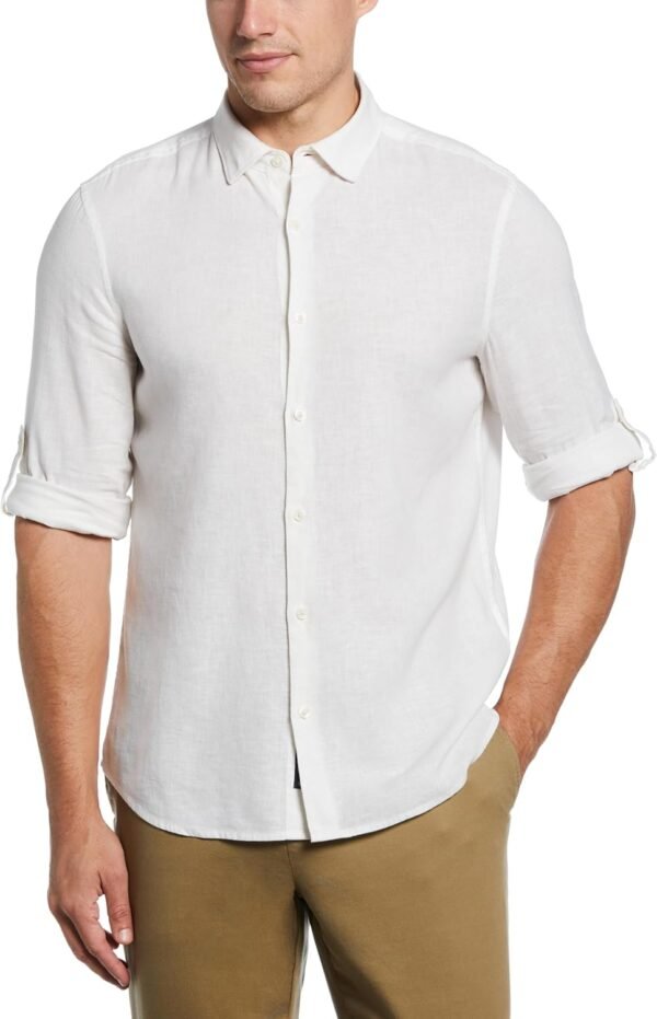 Men's Untucked Slim Fit Linen-Blend Rolled-Sleeve Shirt with Stand Collar and Striped Detail