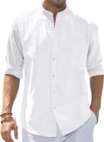 Men's Cotton Linen Long Sleeve Shirts Casual Button Down Banded Collar Shirt Beach Summer Tops with Pocket