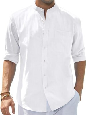 Men's Cotton Linen Long Sleeve Shirts Casual Button Down Banded Collar Shirt Beach Summer Tops with Pocket