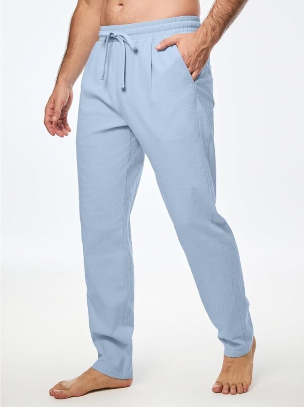 Mens Cotton Pants Casual Elastic Waist Drawstring Lightweight Summer Beach Trousers with Pockets