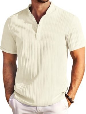 Men Casual Henley Tee Shirt Short Sleeve Band Collar Summer Beach Textured T-Shirt