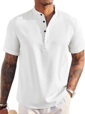 Men's Linen Henley Shirt Short Sleeve Casual Summer Beach Hippie T Shirts