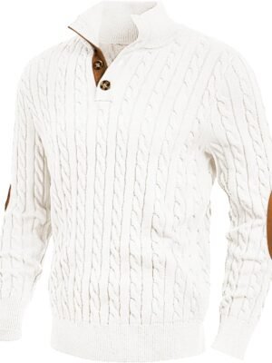 Men's Cable Knit Pullover Sweater Casual Long Sleeve Stand Collar Button Knitted Sweaters
