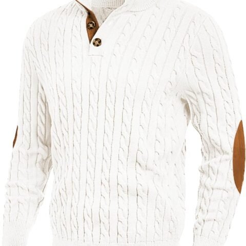 Men's Cable Knit Pullover Sweater Casual Long Sleeve Stand Collar Button Knitted Sweaters