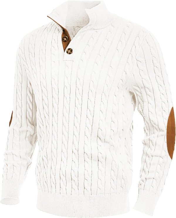 Men's Cable Knit Pullover Sweater Casual Long Sleeve Stand Collar Button Knitted Sweaters