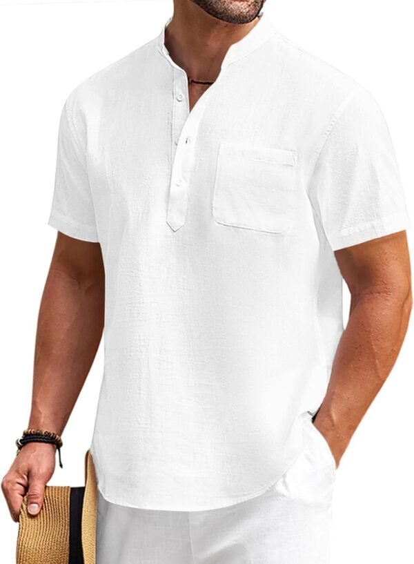 Men's Cotton Linen Henley Shirt Short Sleeve Hippie Casual Beach T-Shirts with Pocket