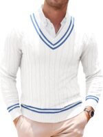 Mens V Neck Sweater Casual Cable Knit Slim Fit Pullover Long Sleeve Fall Winter Sweaters