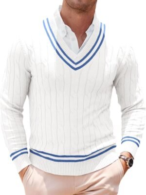 Mens V Neck Sweater Casual Cable Knit Slim Fit Pullover Long Sleeve Fall Winter Sweaters