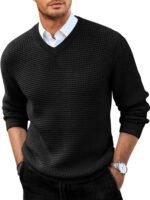 Mens V Neck Sweater Casual Waffle Knitted Pullover Slim Fit Fall Winter Basic Warm Sweaters