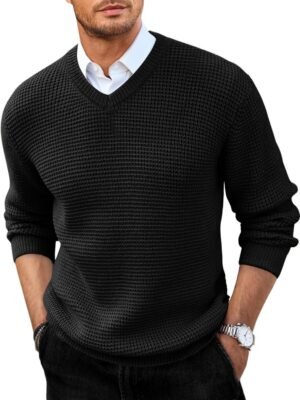 Mens V Neck Sweater Casual Waffle Knitted Pullover Slim Fit Fall Winter Basic Warm Sweaters