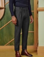 Men Vintage Tweed Pants Herringbone Pleated Suit Trousers