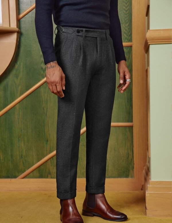 Men Vintage Tweed Pants Herringbone Pleated Suit Trousers