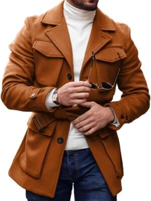 Mens Trench Coat Slim Fit Wool Blends Business Lapel Belted Overcoat Winter Casual Peacoat Jacket