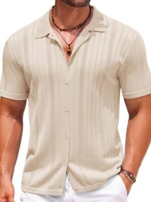 Mens Knit Button Down Shirts Crochet Polo Shirts Vintage Short Sleeve Textured Shirts Summer Beach Tops