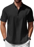 Men's Henley T-Shirts Short Sleeve Casual Button Henley Shirts Band Collar Tee Summer Beach Hippie Shirts