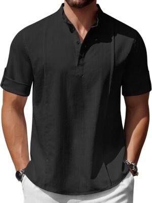 Men's Henley T-Shirts Short Sleeve Casual Button Henley Shirts Band Collar Tee Summer Beach Hippie Shirts