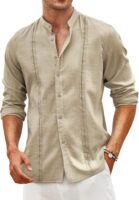 Men's Shirts Casual Long Sleeve Button Down Shirts Band Collar Linen Summer Beach Shirts