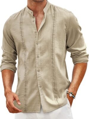 Men's  Shirts Casual Long Sleeve Button Down Shirts Band Collar Linen Summer Beach Shirts