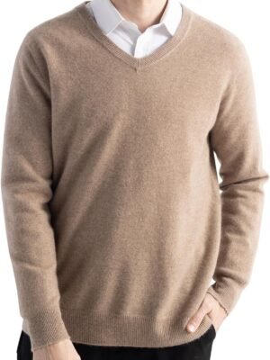 Men's 100%  Wool Sweater  Fall Winter First-Line Ready to Wear V Neck Long Sleeve Seamless Knit Sweater