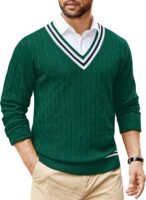 Mens V Neck Sweater Long Sleeve Cable Knit Sweater Fall Winter Pullover Slim Fit Stretchy Fabric Preppy Style