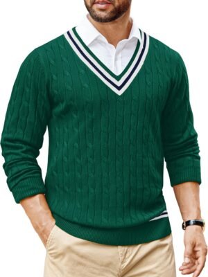 Mens V Neck Sweater Long Sleeve Cable Knit Sweater Fall Winter Pullover Slim Fit Stretchy Fabric Preppy Style