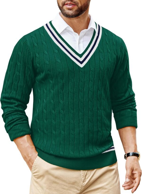 Mens V Neck Sweater Long Sleeve Cable Knit Sweater Fall Winter Pullover Slim Fit Stretchy Fabric Preppy Style