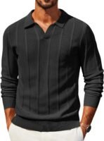 Mens Knit Long Sleeve Polo Sweaters Casual Polo Collared Sweater V-Neck Textured Pullover