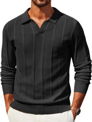 Mens Knit Long Sleeve Polo Sweaters Casual Polo Collared Sweater V-Neck Textured Pullover