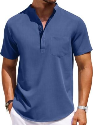 Mens Casual Henley Shirts Band Collar Short Sleeve T-Shirts Summer Stylish Beach Hippie Shirt