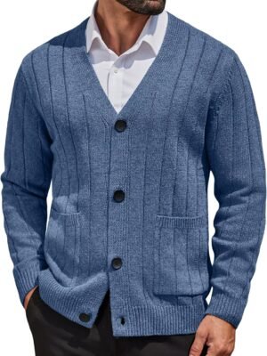 Men's Cardigan Sweater Cable Knit V Neck Button up Sweaters Ribbed Cardigan Sweater with Pockets