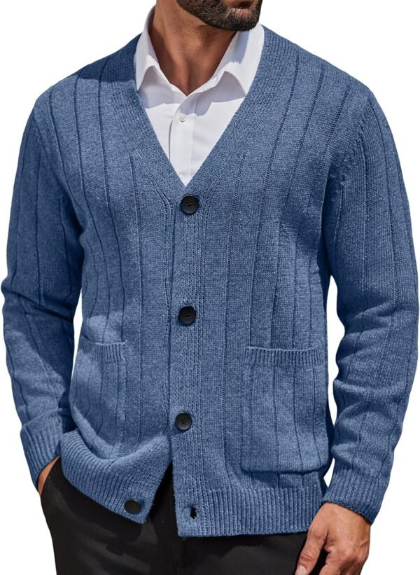 Men's Cardigan Sweater Cable Knit V Neck Button up Sweaters Ribbed Cardigan Sweater with Pockets