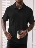 Mens Textured Knit Polo Shirts Loose Fit Stretch Casual Summer Collared Shirt (S-XXL)