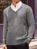Mens V Neck Sweater Cable Knit Long Sleeve Casual Ribbed Twisted Pullover Sweaters